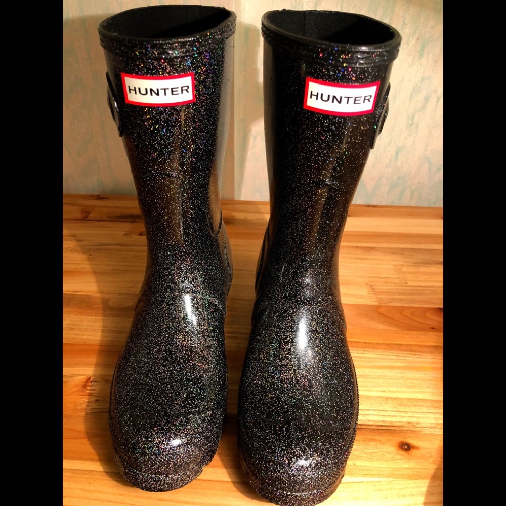HUNTER WOMENS BLACK GLITTER RAIN BOOTS